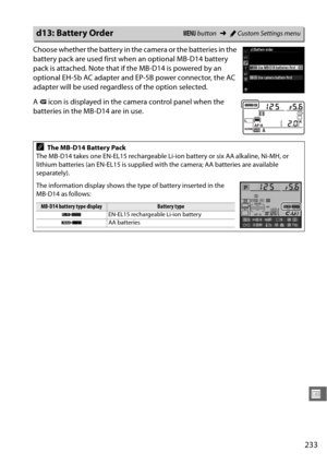 Page 259233
U
Choose whether the battery in the camera or the batteries in the 
battery pack are used first when an optional MB-D14 battery 
pack is attached. Note that if the MB-D14 is powered by an 
optional EH-5b AC adapter and EP-5B power connector, the AC 
adapter will be used regardless of the option selected.
A s  icon is displayed in the camera control panel when the 
batteries in the MB-D14 are in use.
d13: Battery OrderG  button ➜ACustom Settings menu
AThe MB-D14 Battery Pack
The MB-D14 takes one...