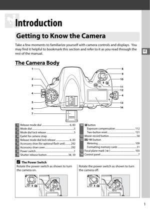 Page 271
X
X
Introduction
Take a few moments to familiarize yourself with camera controls and displays. Yo u  
may find it helpful to bookmark this section and refer to it as you read through the 
rest of the manual.
The Camera Body
Getting to Know the Camera
1 Release mode dial ............................................. 6, 83
2Mode dial ....................................................................5
3Mode dial lock release .............................................5
4Eyelet for camera strap...