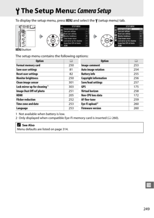 Page 275249
U
BThe Setup Menu:  Camera Setup
To display the setup menu, press  G and select the  B (setup menu) tab.
The setup menu contains the following options:
1 Not available when battery is low.
2 Only displayed when compatible Eye-Fi memory card is inserted ( 0260).
G
 button
Option0
Format memory card 250
Save user settings 81
Reset user settings 82
Monitor brightness 250
Clean image sensor 301
Lock mirror up for cleaning
1303
Image Dust Off ref photo 251
HDMI 205
Flicker reduction 252
Time zone and date...