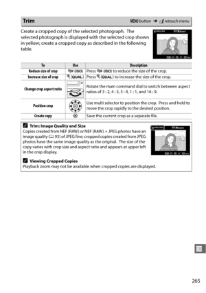 Page 291265
U
Create a cropped copy of the selected photograph. The 
selected photograph is displayed with the selected crop shown 
in yellow; create a cropped copy as described in the following 
table.
Tr i mG  button ➜Nretouch menu
ToUseDescription
Reduce size of crop W (S ) Press  W (S ) to reduce the size of the crop.
Increase size of crop X (T ) Press  X (T ) to increase the size of the crop.
Change crop aspect ratio Rotate the main command dial to switch between aspect 
ratios of 3:2, 4:3, 5:4, 1:1, and...