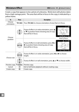 Page 302276
U
Create a copy that appears to be a photo of a diorama. Works best with photos taken 
from a high vantage point.
 The area that will be in focus in the copy is indicated by a 
yellow frame.
Miniature EffectG  button ➜Nretouch menu
ToPressDescription
Choose 
orientation W
 (S ) Press  W (S ) to choose orientation of area that is in focus.
Choose 
position If area of effect is in
 wide orientation, press  1 
or  3 to position frame showing area of copy 
that will be in focus.
If area of effect is in...