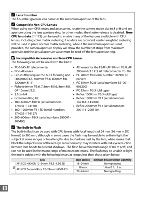 Page 314288
n
ALens f-number
The f-number given in lens names is the maximum aperture of the lens.
ACompatible Non-CPU Lenses
When using non-CPU lenses and accessories, rotate the camera mode dial to  A or  M and set 
aperture using the lens aperture ring.
 In other modes, the shutter-release is disabled. Non-
CPU lens data  (0 172) can be used to enable many of the features available with CPU 
lenses, including color matrix metering; if no  data are provided, center-weighted metering 
will be used in place of...