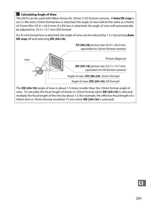 Page 317291
n
ACalculating Angle of View
The D610 can be used with Nikon lenses for 35mm (135) format cameras.
 If  Auto DX crop  is 
on ( 090) and a 35mm format lens is attached, the angle of view will be the same as a frame 
of 35mm film (35.9 × 24.0 mm); if a DX lens is  attached, the angle of view will automatically 
be adjusted to 23.5 × 15.7 mm (DX format).
If a 35 mm format lens is attached, the angle  of view can be reduced by 1.5 × by turning Auto 
DX crop  off and selecting  DX (24×16).
The  DX (24×16)...