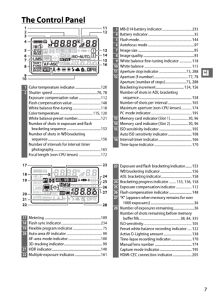 Page 337
X
The Control Panel
1Color temperature indicator ............................. 120
2Shutter speed ...................................................76, 78
Exposure compensation value ......................... 112
Flash compensation value................................. 148
White balance fine-tuning ................................ 118
Color temperature ...................................... 115, 120
White balance preset number .......................... 121
Number of shots in exposure and flash...