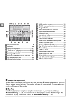 Page 3610
X
25Image area indicator ............................................. 90
26Metering.................................................................109
27Auto distortion control .......................................217
28“Clock not set” indicator.............................. 28, 253
29Image comment indicator .................................253
30Copyright information ........................................256
31Exposure and flash bracke ting indicator .......153
WB bracketing...
