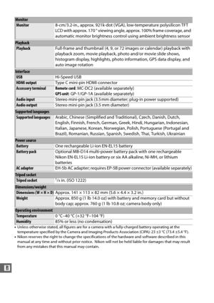 Page 356330
n
•Unless otherwise stated, all figures are for a camera with a fully-charged battery operating at the 
temperature specified by the Camera and Imaging Produ cts Association (CIPA): 23 ±3 °C (73.4 ±5.4 °F).
• Nikon reserves the right to change the specifications  of the hardware and software described in this 
manual at any time and without prior notice.
 Nikon will not be held liable for damages that may result 
from any mistakes that this manual may contain.
Monitor
Monitor 8-cm/3.2-in., approx....