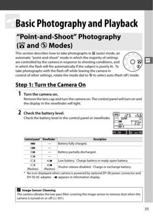 Page 6135
s
s
Basic Photography and Playback
This section describes how to take photographs in i (auto) mode, an 
automatic “point-and-shoot” mode in which the majority of settings 
are controlled by the camera in response to shooting conditions, and 
in which the flash will fire automati cally if the subject is poorly lit.
 To  
take photographs with the flash  off while leaving the camera in 
control of other settings, rotate the mode dial to  j to select auto (flash off ) mode.
Step 1: Turn the Camera On
1Tu...