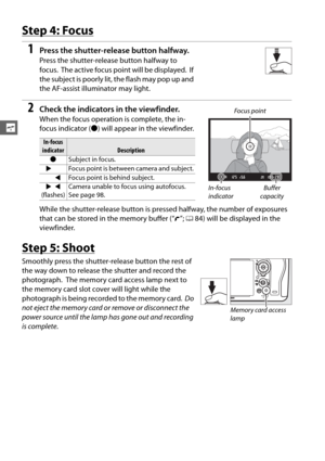 Page 6438
s
Step 4: Focus
1Press the shutter-release button halfway.
Press the shutter-release button halfway to 
focus.
 The active focus point will be displayed. If 
the subject is poorly lit, the flash may pop up and 
the AF-assist illuminator may light.
2Check the indicators in the viewfinder.
When the focus operation is complete, the in-
focus indicator ( I) will appear in the viewfinder.
While the shutter-release button is pr essed halfway, the number of exposures 
that can be stored in the memory buffer...