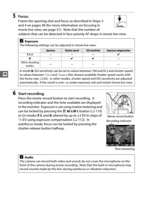 Page 8458
y
5Focus.
Frame the opening shot and focus as described in Steps 3 
and 4 on pages 49 (for more information on focusing in 
movie live view, see page 51).
 Note that the number of 
subjects that can be detected in face -priority AF drops in movie live view.
6Start recording.
Press the movie-record button to start recording. A 
recording indicator and the ti me available are displayed 
in the monitor.
 Exposure is set using matrix metering and 
can be locked by pressing the  AAE-L/AF-L  button ( 0110)...