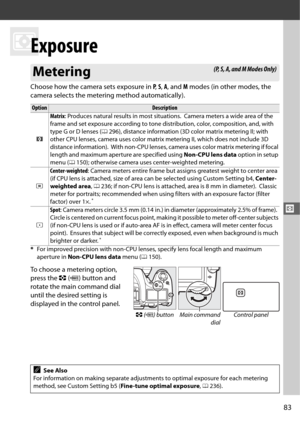 Page 11183
Z
V
Exposure
Choose how the camera sets exposure in P,  S,  A , and  M modes (in other modes, the 
camera selects the metering method automatically).
To choose a metering option, 
press the  Z (Q ) button and 
rotate the main command dial 
until the desired setting is 
displayed in the control panel.
Metering
OptionDescription
a Matrix
: Produces natural results in most situations.
 Camera meters a wide area of the 
frame and set exposure according to tone di stribution, color, composition, and, with...