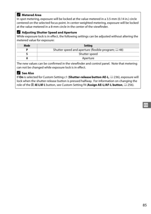 Page 11385
V
AMetered Area
In spot metering, exposure will be locked at the value metered in a 3.5-mm (0.14 in.) circle 
centered on the selected focus point. In cent er-weighted metering, exposure will be locked 
at the value metered in a 8-mm circle in the center of the viewfinder.
AAdjusting Shutter Speed and Aperture
While exposure lock is in effect, the following  settings can be adjusted without altering the 
metered value for exposure:
ModeSetting
P Shutter speed and aperture (flexible program;  048)
S...