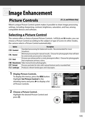 Page 133105
J
J
Image Enhancement
Nikon’s unique Picture Control system makes it possible to share image processing 
settings, including sharpening, contrast, brightness, saturation, and hue, among 
compatible devices and software.
Selecting a Picture Control
The camera offers a choice of preset Picture Controls. In  P,  S,  A , and  M modes, you can 
choose a Picture Control according to the subject or type of scene (in other modes, 
the camera selects a Picture Control automatically).
1Display Picture...