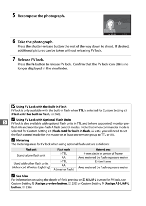 Page 154126
l
5Recompose the photograph.
6Ta k e  t h e  p h o t o g r a p h .
Press the shutter-release button the rest of the way down to shoot. If desired, 
additional pictures can be taken without releasing FV lock.
7Release FV lock.
Press the  Fn button to release FV lock. Confirm that the FV lock icon ( e) is no 
longer displayed in the viewfinder.
DUsing FV Lock with the Built-in Flash
FV lock is only available wi th the built-in flash when TTL is selected for Custom Setting e3 
( Flash cntrl for built-in...