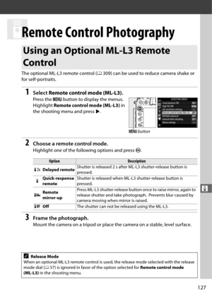 Page 155127
&
&
Remote Control Photography
The optional ML-L3 remote control (0309) can be used to reduce camera shake or 
for self-portraits.
1Select  Remote control mode (ML-L3) .
Press the G button to display the menus. 
Highlight  Remote control mode (ML-L3)  in 
the shooting menu and press  2. 
2Choose a remote control mode.
Highlight one of the following options and press  J.
3Frame the photograph.
Mount the camera on a tripod or place the camera on a stable, level surface. 
Using an Optional ML-L3 Remote...