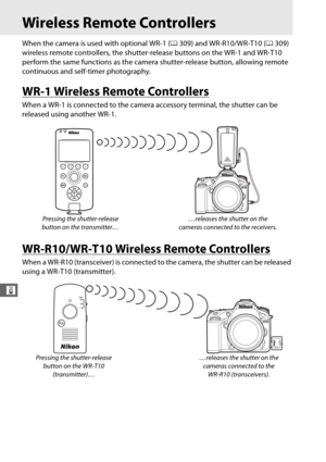 Page 158130
&
Wireless Remote Controllers
When the camera is used with optional WR-1 (0309) and WR-R10/WR-T10 ( 0309) 
wireless remote controllers, the shutter-release buttons on the WR-1 and WR-T10 
perform the same functions as the camera  shutter-release button, allowing remote 
continuous and self-timer photography.
WR-1 Wireless Remote Controllers
When a WR-1 is connected to the camera accessory terminal, the shutter can be 
released using another WR-1.
WR-R10/WR-T10 Wireless Remote Controllers
When a...