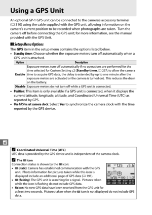 Page 180152
t
Using a GPS Unit
An optional GP-1 GPS unit can be connected to the camera’s accessory terminal 
(0 310) using the cable supplied with the  GPS unit, allowing information on the 
camera’s current position to be recorded when photographs are taken.
 Turn the 
camera off before connecting the GPS unit; for more information, see the manual 
provided with the GPS Unit.
❚❚ Setup Menu Options
The  GPS  item in the setup menu contains the options listed below.
• Standby timer : Choose whether the exposure...