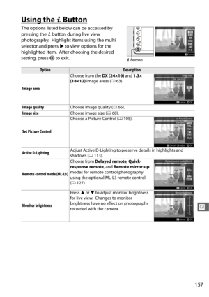 Page 185157
x
Using the P Button
The options listed below can be accessed by 
pressing the P button during live view 
photography.
 Highlight items using the multi 
selector and press  2 to view options for the 
highlighted item.
 After choosing the desired 
setting, press  J to exit.
OptionDescription
Image area Choose from the 
DX (24×16) and 1.3× 
(18×12)  image areas ( 063).
Image quality Choose image quality (066).
Image size Choose image size (068).
Set Picture Control Choose a Picture Control (
0105)....