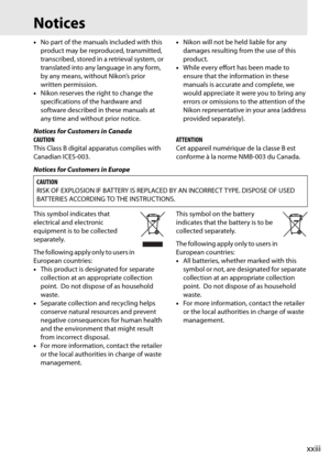 Page 25xxiii
Notices
•No part of the manuals included with this 
product may be reproduced, transmitted, 
transcribed, stored in a retrieval system, or 
translated into any language in any form, 
by any means, without Nikon’s prior 
written permission.
• Nikon reserves the right to change the 
specifications of the hardware and 
software described in these manuals at 
any time and without prior notice. •
Nikon will not be held liable for any 
damages resulting from the use of this 
product.
• While every effort...