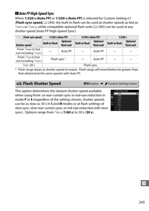 Page 273245
U
❚❚Auto FP High-Speed Sync
When  1/320 s (Auto FP)  or 1/250 s (Auto FP)  is selected for Custom Setting e1 
( Flash sync speed , 0 244), the built-in flash can be used at shutter speeds as fast as 
1/320s or 1/250s, while compatible optional flash units ( 0305) can be used at any 
shutter speed (Auto FP High-Speed Sync).
This option determines the slowest shutter speed available 
when using front- or rear-curtain sync or red-eye reduction in 
mode  P or  A (regardless of the setting  chosen,...