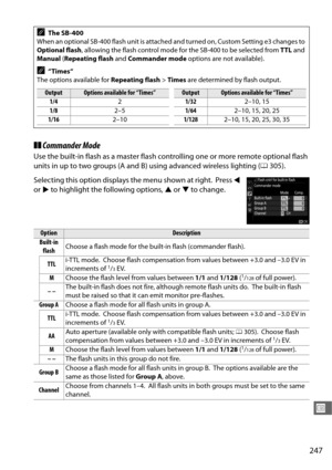 Page 275247
U
❚❚Commander Mode
Use the built-in flash as a master flash controlling one or more remote optional flash 
units in up to two groups (A and B) using advanced wireless lighting ( 0305).
Selecting this option displa ys the menu shown at right.
 Press 4 
or  2 to highlight the following options,  1 or  3 to change.
AThe SB-400
When an optional SB-400 flash unit is attached and turned on, Custom Setting e3 changes to 
Optional flash , allowing the flash control mode for the SB-400 to be selected from...