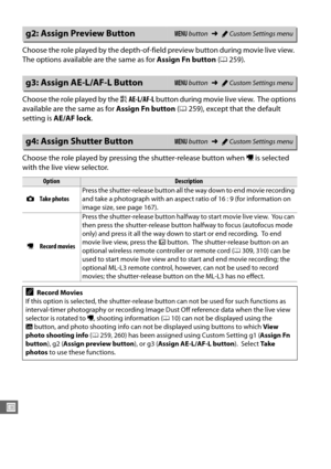 Page 288260
U
Choose the role played by the depth-of-field preview button during movie live view. 
The options available are the same as for Assign Fn button (0 259).
Choose the role played by the  AAE-L/AF-L  button during movie live view.
 The options 
available are the same as for  Assign Fn button (0 259), except that the default 
setting is  AE/AF lock .
Choose the role played by pressing the shutter-release button when  1 is selected 
with the live view selector.
g2: Assign Preview ButtonG  button ➜ACustom...