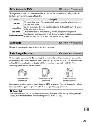 Page 293265
U
Change time zones, set the camera clock,  choose the date display order, and turn 
daylight saving time on or off ( 028).
Choose a language for camera menus and messages.
Photographs taken while  On is selected contain information on camera orientation, 
allowing them to be rotated automatically during playback ( 0185) or when viewed 
in ViewNX 2 (supplied) or in Capt ure NX 2 (available separately; 0309).
 The 
following orientations are recorded:
Camera orientation is not recorded when  Off is...