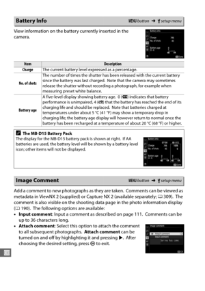 Page 294266
U
View information on the battery currently inserted in the 
camera.
Add a comment to new photographs as they are taken.
 Comments can be viewed as 
metadata in ViewNX 2 (supplied) or Capture NX 2 (available separately;  0309).
 The 
comment is also visible on the shooting da ta page in the photo information display 
( 0 190).
 The following options are available:
• Input comment : Input a comment as described on page 111.
 Comments can be 
up to 36 characters long.
• Attach comment : Select this...