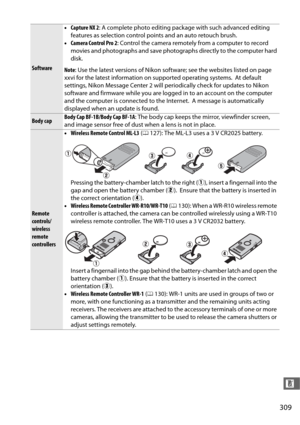Page 337309
n
Software•
Capture NX 2 : A complete photo editing package with such advanced editing 
features as selection control points and an auto retouch brush.
• Camera Control Pro 2 : Control the camera remotely from a computer to record 
movies and photographs and save photographs directly to the computer hard 
disk.
Note : Use the latest versions of Nikon software; see the websites listed on page 
xxvi for the latest information on supported operating systems.
 At default 
settings, Nikon Message Center 2...