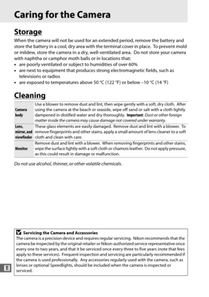 Page 340312
n
Caring for the Camera
Storage
When the camera will not be used for an extended period, remove the battery and 
store the battery in a cool, dry area with the terminal cover in place.
 To prevent mold 
or mildew, store the camera in a dry, well-ventilated area.
 Do not store your camera 
with naphtha or camphor moth  balls or in locations that:
• are poorly ventilated or subject to humidities of over 60%
• are next to equipment that produces strong electromagnetic fields, such as 
televisions or...