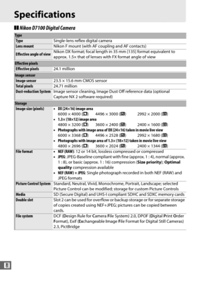 Page 364336
n
Specifications
❚❚Nikon D7100 Digital Camera
Type
Type Single-lens reflex digital camera
Lens mountNikon F mount (with AF coupling and AF contacts)
Effective angle of viewNikon DX format; focal length in 
35 mm [135] format equivalent to 
approx. 1.5× that of lenses with FX format angle of view
Effective pixels
Effective pixels 24.1 million
Image sensor
Image sensor23.5 × 15.6 mm CMOS sensor
Total pixels24.71 million
Dust-reduction SystemImage sensor cleaning, Image Dust Off reference data (optional...