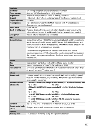 Page 365337
n
Viewfinder
ViewfinderEye-level pentaprism single-lens reflex viewfinder
Frame coverageApprox. 100% horizontal and 100% vertical
MagnificationApprox. 0.94× (50 mm f/1.4 lens at infinity, –1.0 m–1)
Eyepoint19.5 mm (–1.0 m–1; from center surface of viewfinder eyepiece lens)
Diopter adjustment–2 – +1 m–1
Focusing screenType B BriteView Clear Matte Mark II screen with AF area brackets 
(framing grid can be displayed)
Reflex mirrorQuick return
Depth-of-field previewPressing depth-of-field preview bu tton...