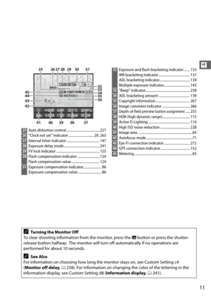 Page 3911
X
25Auto distortion control....................................... 227
26“Clock not set” indicator ............................. 29, 265
27Interval timer indicator ...................................... 147
28Exposure delay mode ......................................... 241
29FV lock indicator .................................................. 125
30Flash compensation indicator .......................... 124
Flash compensation value................................. 124
31Exposure compensation...
