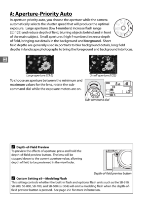 Page 7850
#
A: Aperture-Priority Auto
In aperture-priority auto, you choose the aperture while the camera 
automatically selects the shutter speed that will produce the optimal 
exposure.
 Large apertures (low f-numbers) increase flash range 
( 0 123) and reduce depth of field, blurring objects behind and in front 
of the main subject.
 Small apertures (high f-numbers) increase depth 
of field, bringing out details in the background and foreground.
 Short 
field depths are generally used  in portraits to blur...