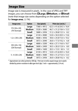 Page 10783
Image size is measured in pixels. In the case of JPEG and TIFF 
images, you can choose from  #Large , $ Medium , or %Small  
(note that image size varies depending on the option selected 
for  Image area , 0 74):
Image Size
Image areaOptionSize (pixels)Print size (cm/in.)*
FX (36 × 24) 
(FX format) Large
7360 × 4912 62.3 × 41.6/24.5 × 16.4
Medium 5520 × 3680 46.7 × 31.2/18.4 × 12.3
Small 3680 × 2456 31.2 × 20.8/12.3 × 8.2
1.2 × (30 × 20) Large
6144 × 4080 52.0 × 34.5/20.5 × 13.6
Medium 4608 × 3056...