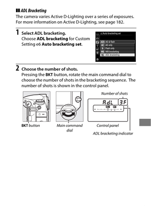 Page 167143
❚❚ADL Bracketing
The camera varies Active D-Lighting over a series of exposures. 
For more information on Active D-Lighting, see page 182.
1Select ADL bracketing.
Choose  ADL bracketing  for Custom 
Setting e6  Auto bracketing set .
2Choose the number of shots.
Pressing the D button, rotate the main command dial to 
choose the number of shots in the bracketing sequence.
 The 
number of shots is shown in the control panel.
Number of shots
Control panel
ADL bracketing indicator
Main command 
dial
D...