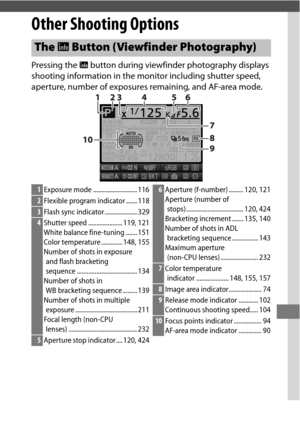 Page 225201
Other Shooting Options
Pressing the R button during viewfinder photography displays 
shooting information in the monitor including shutter speed, 
aperture, number of exposures remaining, and AF-area mode.
The  R Button (Viewfinder Photography)
1Exposure mode ........................... 116
2Flexible program indicator ....... 118
3Flash sync indicator .................... 329
4Shutter speed ..................... 119, 121
White balance fine-tuning ....... 151
Color temperature ............. 148, 155...