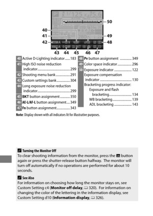 Page 228204
Note: Display shown with all indicators  lit for illustrative purposes.
40Active D-Lighting indicator ...... 183
41High ISO noise reduction 
indicator....................................... 299
42 Shooting menu bank ................. 291
43Custom settings bank ................ 304
44Long exposure noise reduction 
indicator....................................... 299
45 D  button assignment ............ 350
46AE-L/AF-L  button assignment .... 349
47Fn button assignment................ 343
48 Pv button...