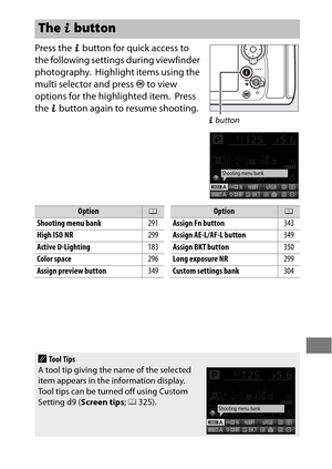 Page 229205
Press the b button for quick access to 
the following settings during viewfinder 
photography.
 Highlight items using the 
multi selector and press  J to view 
options for the highlighted item.
 Press 
the  b button again to resume shooting.
The  b button
b  button
Option0
Shooting menu bank 291
High ISO NR 299
Active D-Lighting 183
Color space 296
Assign preview button 349
Assign Fn button343
Assign AE-L/AF-L button 349
Assign BKT button 350
Long exposure NR 299
Custom settings bank 304
Option0
AToo...