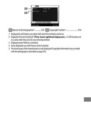 Page 269245
1 Displayed in red if photo was taken with auto ISO sensitivity control on.
2 Displayed if Custom Setting b7 (Fine-tune optimal exposure , 0 318) has been set 
to a value other than zero for any metering method.
3 Displayed only if VR  lens is attached.
4 Items displayed vary with Picture Control selected.
5 The fourth page of the shooting data is only  displayed if copyright information was recorded 
with the photograph as described on page 376.
22 Name of photographer5........... 37623Copyright...