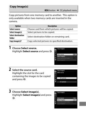 Page 307283
Copy pictures from one memory card to another. This option is 
only available when two memory cards are inserted in the 
camera.
1Choose  Select source .
Highlight  Select source  and press 2.
2Select the source card.
Highlight the slot for the card 
containing the images to be copied 
and press  J.
3Choose  Select image(s) .
Highlight  Select image(s)  and press 
2 .
Copy Image(s)
G  button ➜Dplayback menu
OptionDescription
Select source Choose card from which pictures will be copied.
Select...