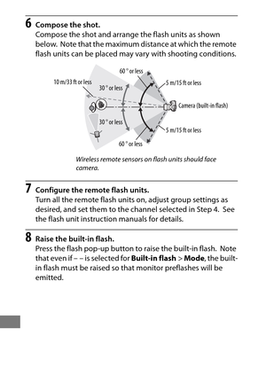 Page 360336
6Compose the shot.
Compose the shot and arrange the flash units as shown 
below.
 Note that the maximum distance at which the remote 
flash units can be placed may  vary with shooting conditions.
7Configure the remote flash units.
Turn all the remote flash units on, adjust group settings as 
desired, and set them to the channel selected in Step 4.
 See 
the flash unit instruction manuals for details.
8Raise the built-in flash.
Press the flash pop-up button to raise the built-in flash.
 Note 
that...