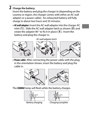 Page 3713
2Charge the battery.
Insert the battery and plug the charger in (depending on the 
country or region, the charger comes with either an AC wall 
adapter or a power cable).
 An exhausted battery will fully 
charge in about two hours and 35 minutes.
• AC wall adapter : Insert the AC wall adapter into the charger AC 
inlet ( q).
 Slide the AC wall adapter latch as shown ( w) and 
rotate the adapter 90 ° to fix it in place ( e).
 Insert the 
battery and plug the charger in.
• Power cable : After connecting...