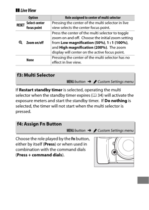 Page 367343
❚❚Live View
If Restart standby timer  is selected, operating the multi 
selector when the standby timer expires ( 034) will activate the 
exposure meters and start the standby timer.
 If  Do nothing  is 
selected, the timer will not start when the multi selector is 
pressed.
Choose the role played by the  Fn button, 
either by itself ( Press) or when used in 
combination with the command dials 
( Press + command dials ).
OptionRole assigned to center of multi selector
JSelect center 
focus...