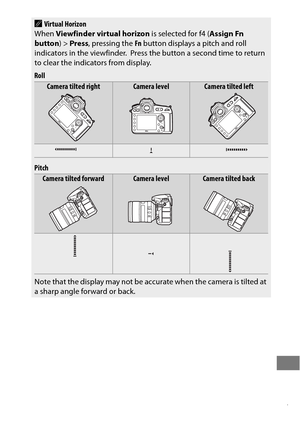 Page 371347
AVirtual Horizon
When  Viewfinder virtual horizon  is selected for f4 (Assign Fn 
button )> Press , pressing the  Fn button displays a pitch and roll 
indicators in the viewfinder.
 Press the button a second time to return 
to clear the indicators from display.
Roll
Camera tilted rightCamera levelCamera tilted left
Pitch
Camera tilted forwardCamera levelCamera tilted back
Note that the display may not be accurate when the camera is tilted at 
a sharp angle forward or back. 