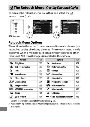 Page 408384
To display the retouch menu, press G and select the  N 
(retouch menu) tab.
Retouch Menu Options
The options in the retouch menu are used to create trimmed, or 
retouched copies of existing pictures.
 The retouch menu is only 
displayed when a memory card containing photographs other 
than small NEF (RAW) images is inserted in the camera.
1 Can only be selected by pressing  G and selecting  N tab.
2 Available only if  b button is pressed in full-frame playba ck when a retouched image or original 
is...