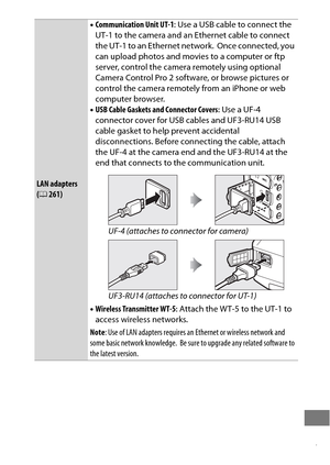 Page 461437
LAN adapters 
(0 261) •
Communication Unit UT-1 : Use a USB cable to connect the 
UT-1 to the camera and an Ethernet cable to connect 
the UT-1 to an Ethernet network .
 Once connected, you 
can upload photos and movies to a computer or ftp 
server, control the camera remotely using optional 
Camera Control Pro 2 software, or browse pictures or 
control the camera remotely from an iPhone or web 
computer browser.
• USB Cable Gaskets and Connector Covers : Use a UF-4 
connector cover for USB cables...