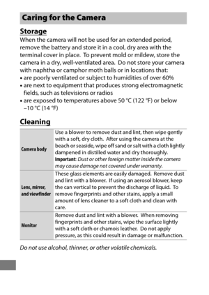 Page 468444
Storage
When the camera will not be used for an extended period, 
remove the battery and store it in a cool, dry area with the 
terminal cover in place.
 To prevent mold or mildew, store the 
camera in a dry, well-ventilated area.
 Do not store your camera 
with naphtha or camphor moth balls or in locations that:
• are poorly ventilated or subject to humidities of over 60%
• are next to equipment that pr oduces strong electromagnetic 
fields, such as televisions or radios
• are exposed to...