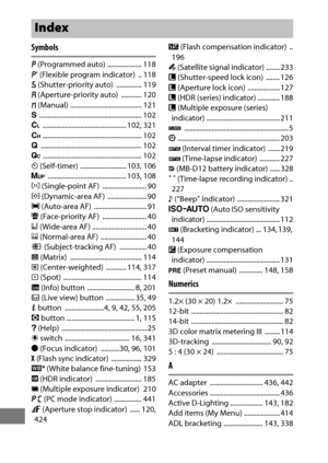 Page 522498
Symbols
e (Programmed auto)  .................... 118
z  (Flexible program indicator)  .. 118
f  (Shutter-priority auto)  ............... 119
g  (Aperture-priority auto)  ............ 120
h  (Manual) .......................................... 121
S  ............................................................ 102
T  ................................................. 102
, 321
U  .......................................................... 102
J...