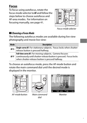 Page 6339
Focus
To focus using autofocus, rotate the 
focus-mode selector to AF and follow the 
steps below to choose autofocus and 
AF-area modes.
 For information on 
focusing manually, see page 41.
❚❚ Choosing a Focus Mode
The following autofocus modes are available during live view 
photography and movie live view: 
To choose an autofocus mode, press the AF-mode button and 
rotate the main command dial until the desired mode is 
displayed in the monitor.
ModeDescription 
AF-S Single-servo AF
: For...