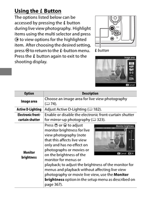 Page 6642
Using the b Button
The options listed below can be 
accessed by pressing the b button 
during live view photography.
 Highlight 
items using the multi selector and press 
2  to view options for the highlighted 
item.
 After choosing the desired setting, 
press  J to return to the  b-button menu.
 
Press the  b button again to exit to the 
shooting display.
OptionDescription
Image area Choose an image area for live view photography 
(
0 74).
Active D-Lighting Adjust Active D-Lighting ( 0182)....